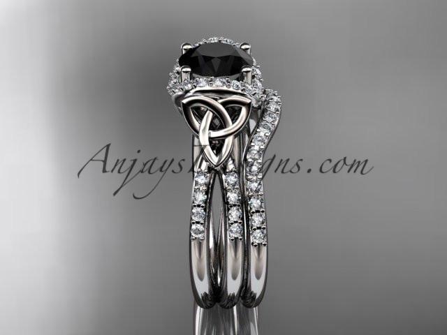 14kt white gold diamond celtic trinity knot wedding ring, engagement set with a Black Diamond center stone CT7155S - AnjaysDesigns