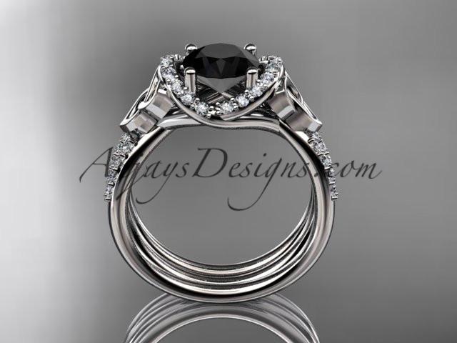 14kt white gold diamond celtic trinity knot wedding ring, engagement set with a Black Diamond center stone CT7155S - AnjaysDesigns