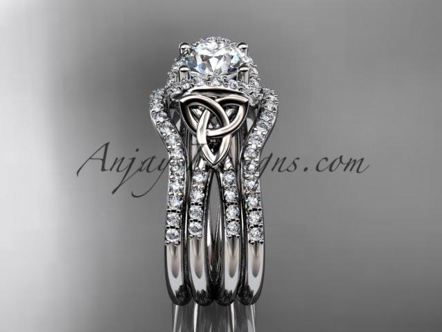 14kt white gold diamond celtic trinity knot wedding ring, engagement ring with a double matching band CT7155S - AnjaysDesigns