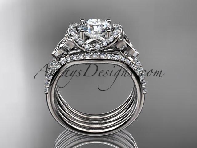 platinum diamond celtic trinity knot wedding ring, engagement ring with a "Forever One" Moissanite center stone and double matching band CT7155S - AnjaysDesigns