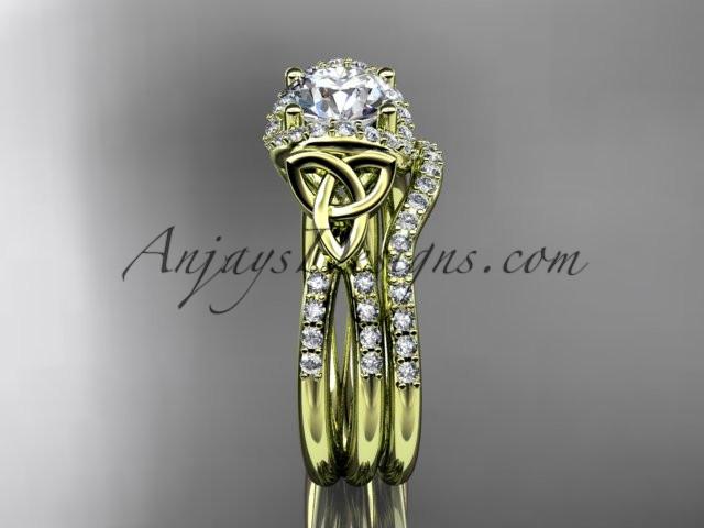 14kt yellow gold diamond celtic trinity knot wedding ring, engagement set with a "Forever One" Moissanite center stone CT7155S - AnjaysDesigns