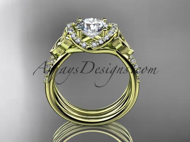 14kt yellow gold diamond celtic trinity knot wedding ring, engagement set with a "Forever One" Moissanite center stone CT7155S - AnjaysDesigns