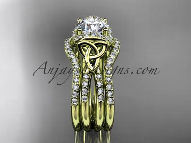 14kt yellow gold diamond celtic trinity knot wedding ring, engagement ring with a "Forever One" Moissanite center stone and double matching band CT7155S - AnjaysDesigns