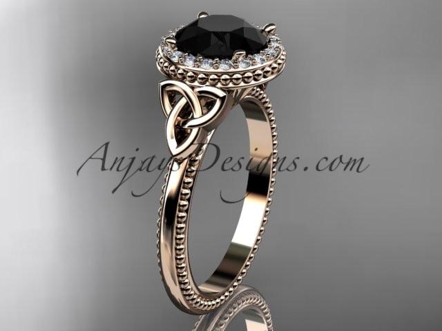 14kt rose gold diamond celtic trinity knot wedding ring, engagement ring with a Black Diamond center stone CT7157 - AnjaysDesigns