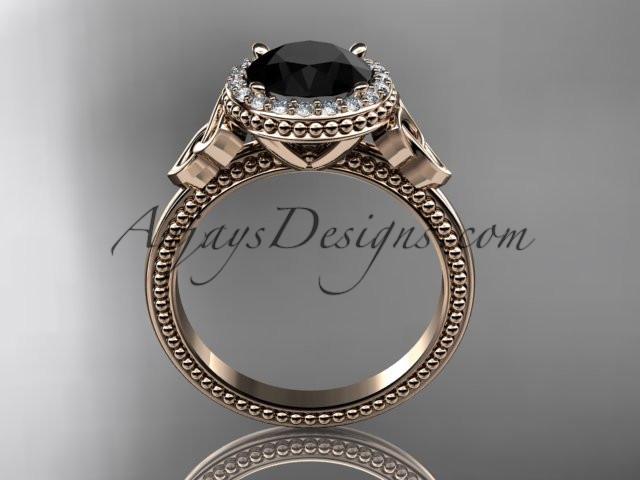 14kt rose gold diamond celtic trinity knot wedding ring, engagement ring with a Black Diamond center stone CT7157 - AnjaysDesigns