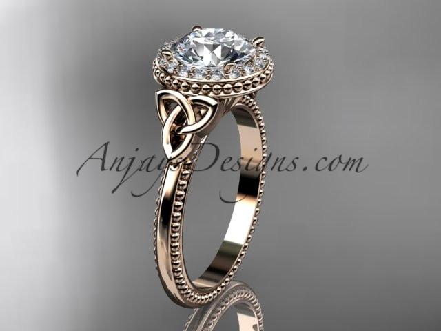 14kt rose gold diamond celtic trinity knot wedding ring, engagement ring with a "Forever One" Moissanite center stone CT7157 - AnjaysDesigns