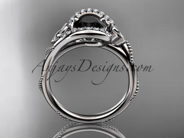 14kt white gold diamond celtic trinity knot wedding ring, engagement ring with a Black Diamond center stone CT7166 - AnjaysDesigns