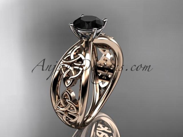 14kt rose gold diamond celtic trinity knot wedding ring, engagement ring with a Black Diamond center stone CT7171 - AnjaysDesigns