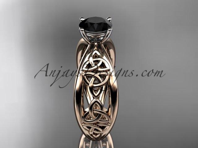 14kt rose gold diamond celtic trinity knot wedding ring, engagement ring with a Black Diamond center stone CT7171 - AnjaysDesigns