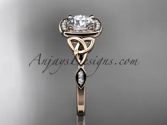 14kt rose gold diamond celtic trinity knot wedding ring, engagement ring with a "Forever One" Moissanite center stone CT7179 - AnjaysDesigns