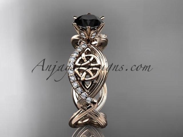 14kt rose gold diamond celtic trinity knot wedding ring, engagement ring with a Black Diamond center stone CT7192 - AnjaysDesigns