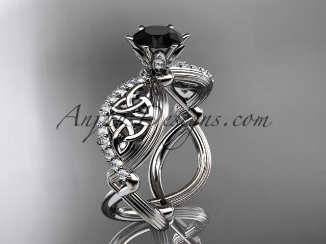 14kt white gold diamond celtic trinity knot wedding ring, engagement ring with a Black Diamond center stone CT7192 - AnjaysDesigns