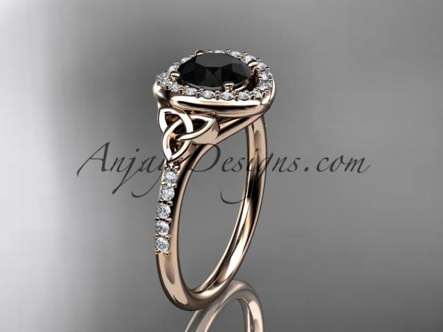 14kt rose gold diamond celtic trinity knot wedding ring, engagement ring with a Black Diamond center stone CT7201 - AnjaysDesigns