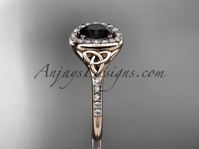 14kt rose gold diamond celtic trinity knot wedding ring, engagement ring with a Black Diamond center stone CT7201 - AnjaysDesigns