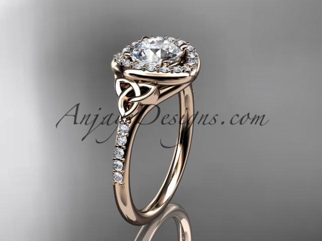 14kt rose gold diamond celtic trinity knot wedding ring, engagement ring with a "Forever One" Moissanite center stone CT7201 - AnjaysDesigns
