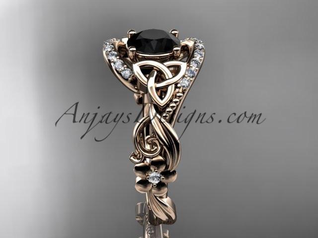 14kt rose gold diamond celtic trinity knot wedding ring, engagement ring with a Black Diamond center stone CT7211 - AnjaysDesigns