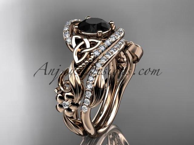 14kt rose gold diamond celtic trinity knot wedding ring, engagement set with a Black Diamond center stone CT7211S - AnjaysDesigns
