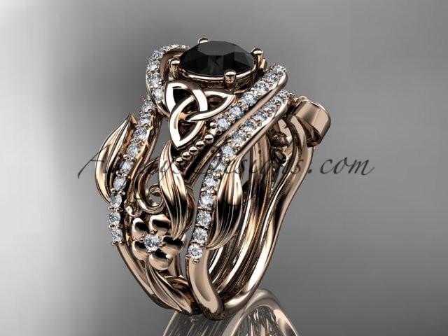 14kt rose gold diamond celtic trinity knot wedding ring, engagement ring with a Black Diamond center stone  and double matching band CT7211S - AnjaysDesigns