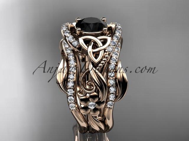 14kt rose gold diamond celtic trinity knot wedding ring, engagement ring with a Black Diamond center stone  and double matching band CT7211S - AnjaysDesigns