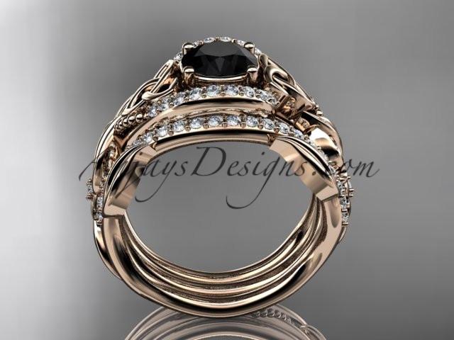 14kt rose gold diamond celtic trinity knot wedding ring, engagement ring with a Black Diamond center stone  and double matching band CT7211S - AnjaysDesigns