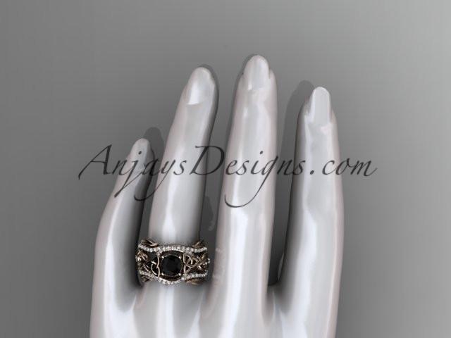 14kt rose gold diamond celtic trinity knot wedding ring, engagement ring with a Black Diamond center stone  and double matching band CT7211S - AnjaysDesigns