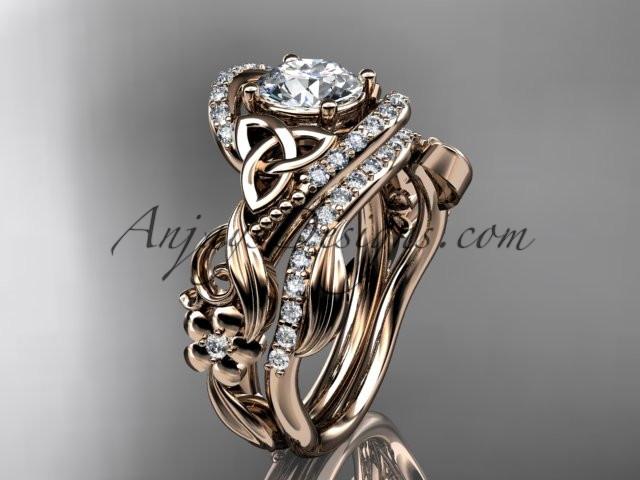 14kt rose gold diamond celtic trinity knot wedding ring, engagement set with a "Forever One" Moissanite center stone CT7211S - AnjaysDesigns
