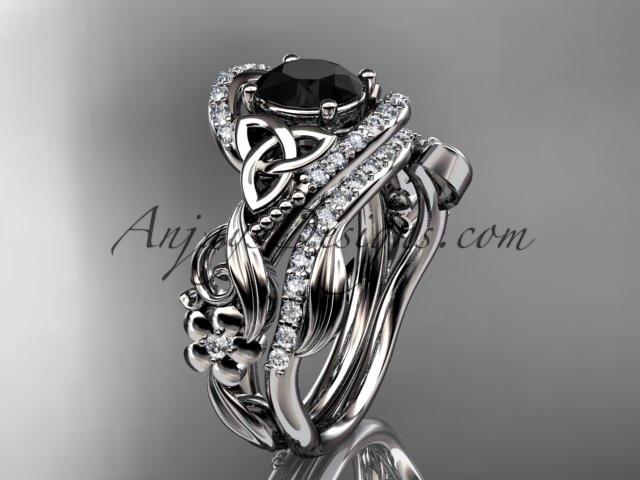 14kt white gold diamond celtic trinity knot wedding ring, engagement set with a Black Diamond center stone CT7211S - AnjaysDesigns