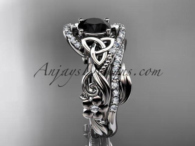 14kt white gold diamond celtic trinity knot wedding ring, engagement set with a Black Diamond center stone CT7211S - AnjaysDesigns