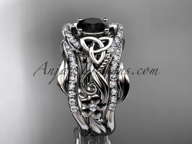 14kt white gold diamond celtic trinity knot wedding ring, engagement ring with a Black Diamond center stone  and double matching band CT7211S - AnjaysDesigns