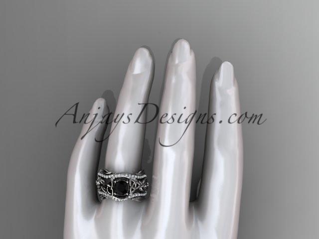 14kt white gold diamond celtic trinity knot wedding ring, engagement ring with a Black Diamond center stone  and double matching band CT7211S - AnjaysDesigns