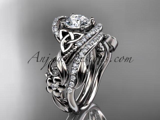 platinum diamond celtic trinity knot wedding ring, engagement set with a "Forever One" Moissanite center stone CT7211S - AnjaysDesigns