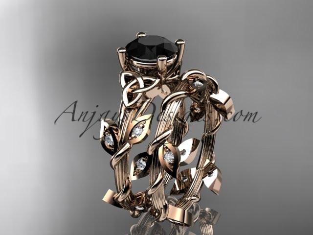 14kt rose gold diamond celtic trinity knot wedding ring, engagement ring with a Black Diamond center stone CT7215S - AnjaysDesigns