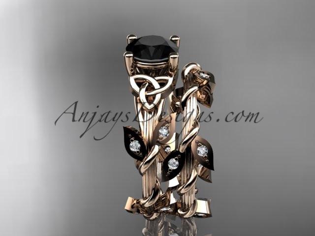 14kt rose gold diamond celtic trinity knot wedding ring, engagement ring with a Black Diamond center stone CT7215S - AnjaysDesigns