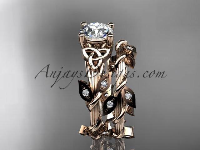 14kt rose gold diamond celtic trinity knot wedding ring, engagement ring with a "Forever One" Moissanite center stone CT7215S - AnjaysDesigns