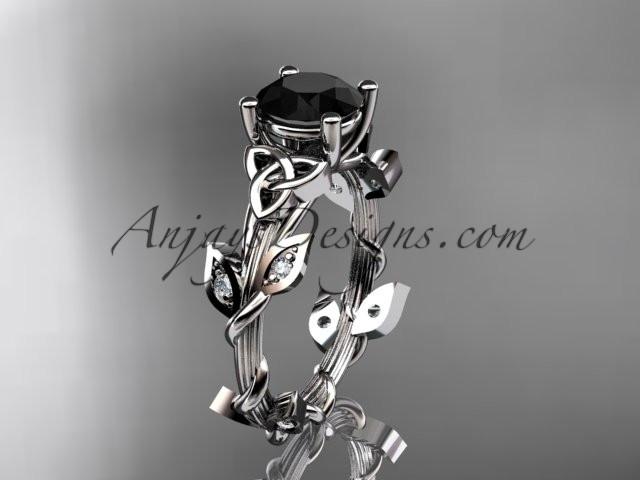 14kt white gold diamond celtic trinity knot wedding ring, engagement ring with a Black Diamond center stone CT7215 - AnjaysDesigns