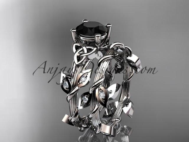 14kt white gold diamond celtic trinity knot wedding ring, engagement ring with a Black Diamond center stone CT7215S - AnjaysDesigns