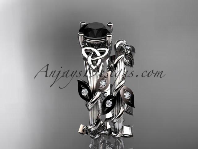 14kt white gold diamond celtic trinity knot wedding ring, engagement ring with a Black Diamond center stone CT7215S - AnjaysDesigns