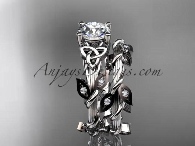 14kt white gold diamond celtic trinity knot wedding ring, engagement ring with a "Forever One" Moissanite center stone CT7215S - AnjaysDesigns