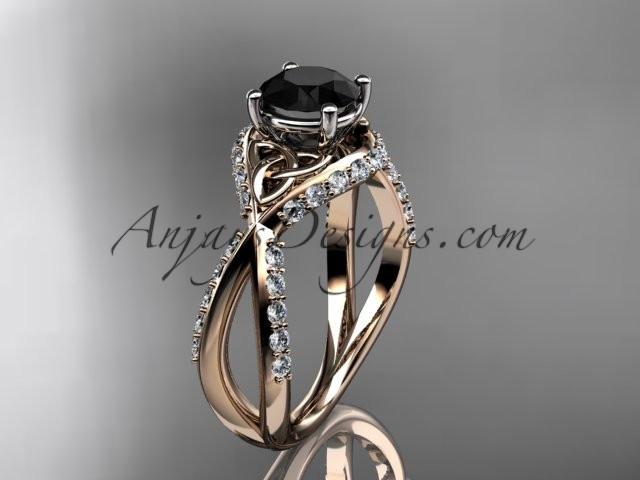 14kt rose gold diamond celtic trinity knot wedding ring, engagement ring with a Black Diamond center stone CT7218 - AnjaysDesigns