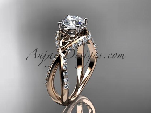 14kt rose gold diamond celtic trinity knot wedding ring, engagement ring with a "Forever One" Moissanite center stone CT7218 - AnjaysDesigns