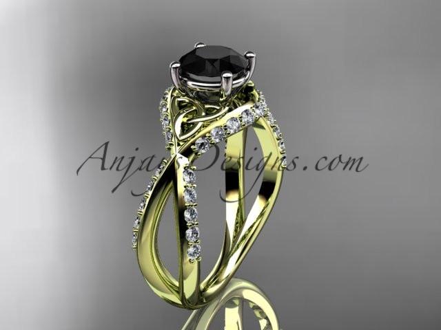 14kt yellow gold diamond celtic trinity knot wedding ring, engagement ring with a Black Diamond center stone CT7218 - AnjaysDesigns