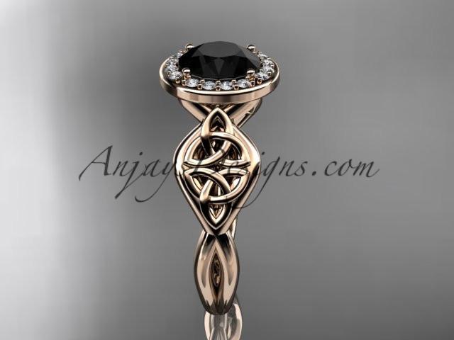 14kt rose gold diamond celtic trinity knot wedding ring, engagement ring with a Black Diamond center stone CT7219 - AnjaysDesigns