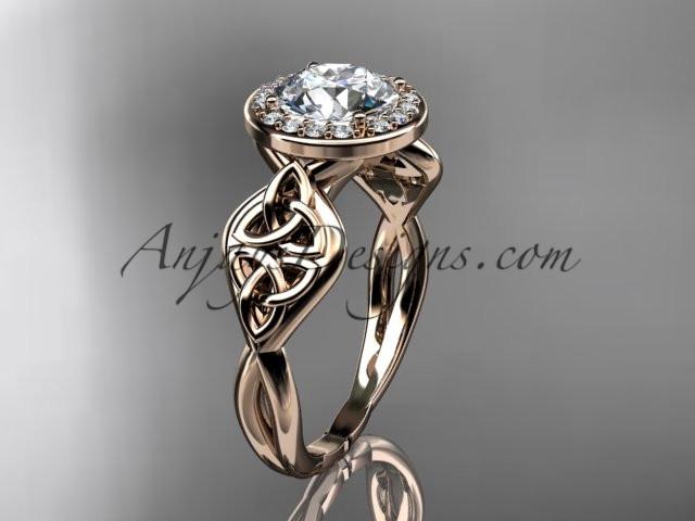14kt rose gold diamond celtic trinity knot wedding ring, engagement ring with a "Forever One" Moissanite center stone CT7219 - AnjaysDesigns