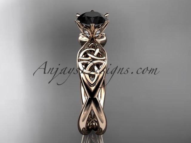 14kt rose gold diamond celtic trinity knot wedding ring, engagement ring with a Black Diamond center stone CT7221 - AnjaysDesigns