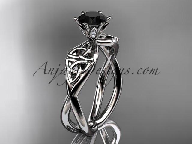 14kt white gold diamond celtic trinity knot wedding ring, engagement ring with a Black Diamond center stone CT7221 - AnjaysDesigns