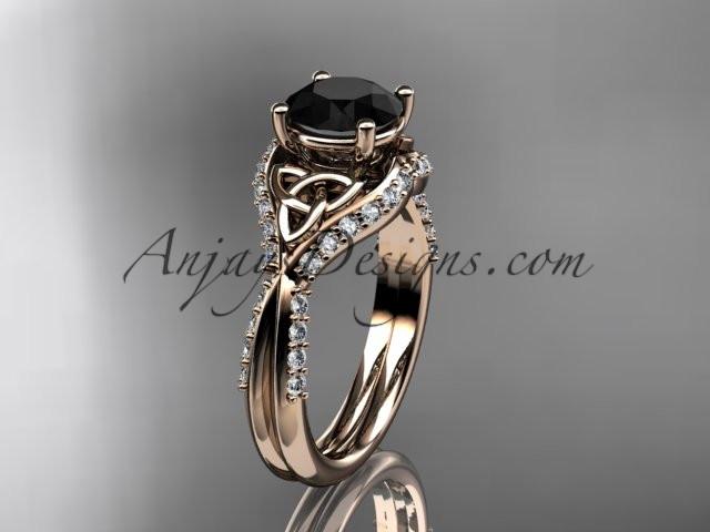 14kt rose gold diamond celtic trinity knot wedding ring, engagement ring with a Black Diamond center stone CT7224 - AnjaysDesigns
