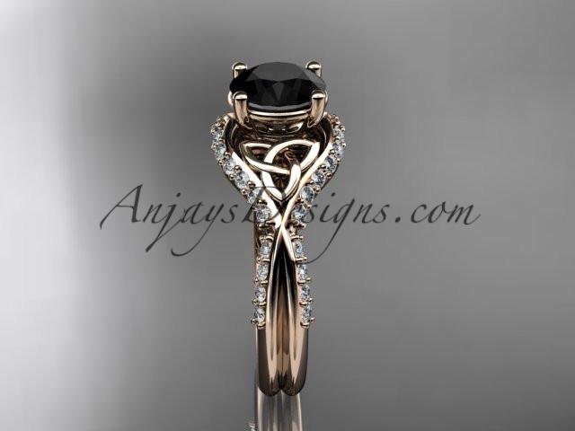 14kt rose gold diamond celtic trinity knot wedding ring, engagement ring with a Black Diamond center stone CT7224 - AnjaysDesigns