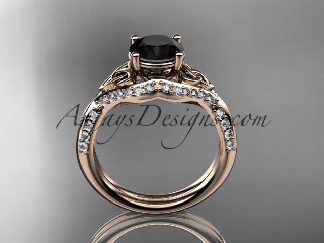 14kt rose gold diamond celtic trinity knot wedding ring, engagement ring with a Black Diamond center stone CT7224 - AnjaysDesigns