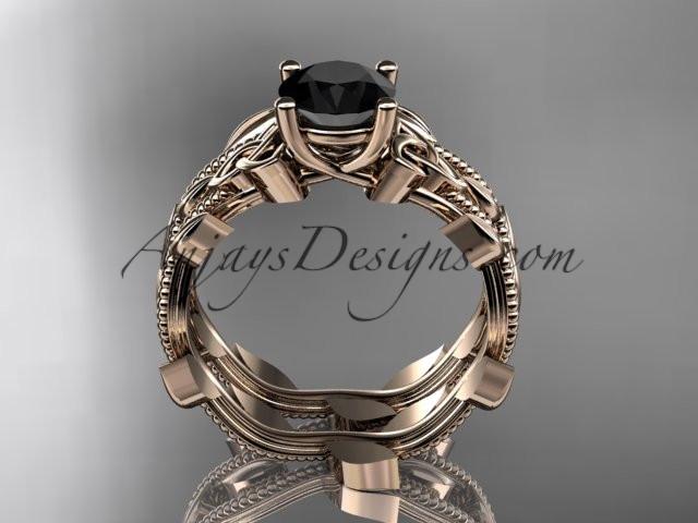 14kt rose gold diamond celtic trinity knot wedding ring, engagement set with a Black Diamond center stone CT7238S - AnjaysDesigns
