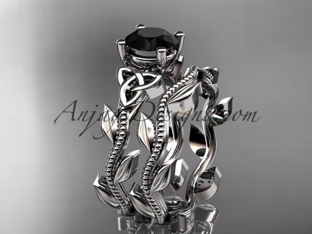 14kt white gold diamond celtic trinity knot wedding ring, engagement set with a Black Diamond center stone CT7238S - AnjaysDesigns